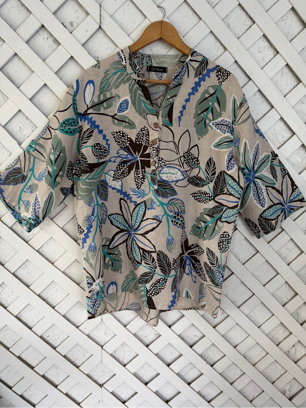 St. Barth 100% Linen Floral Botanical 3/4 Sleeve Top Coastal Resort Boho Large